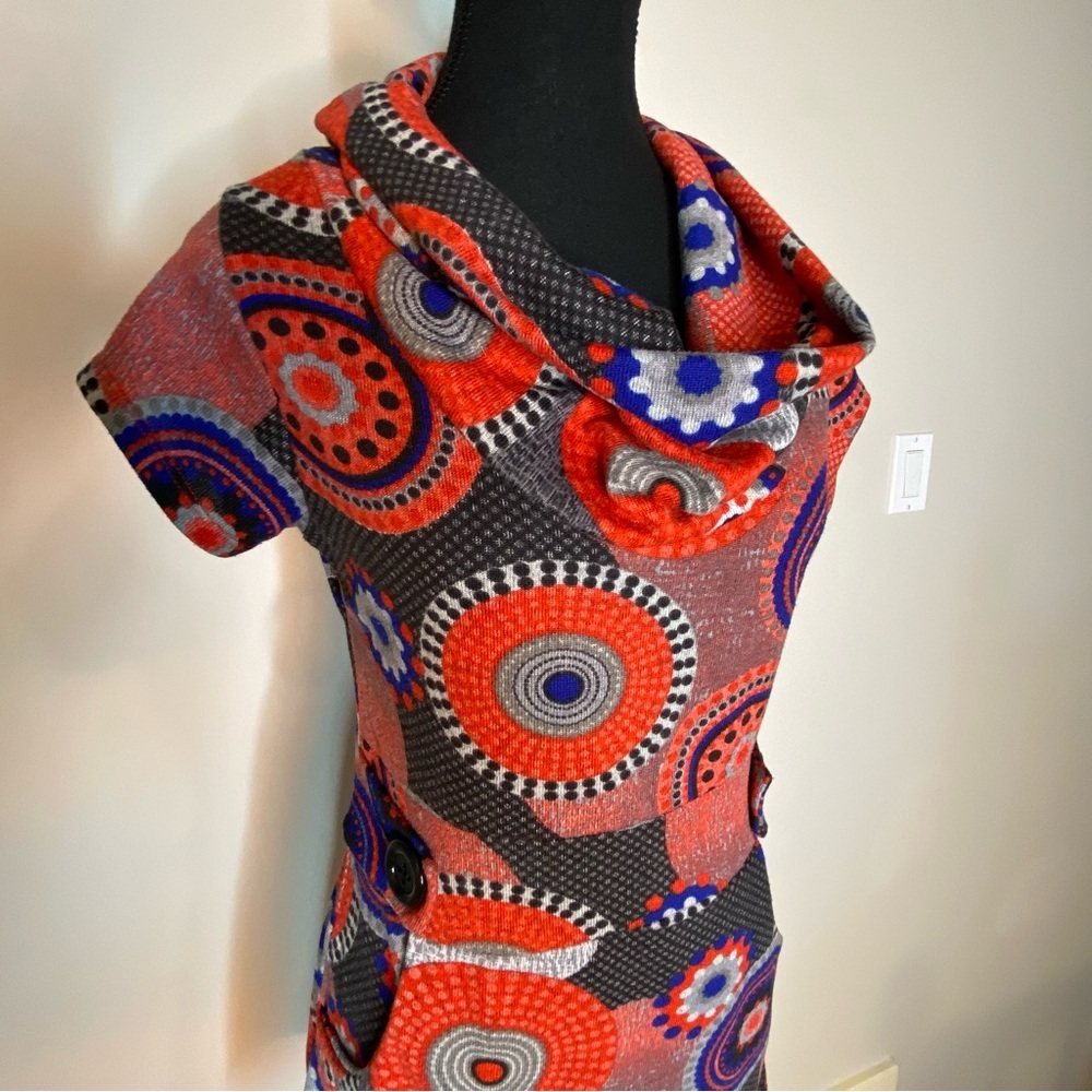 Geometric Pattern Mod Mini Dress 60’s Go-Go Cowl Neck Vintage Style Small - Picture 4 of 13